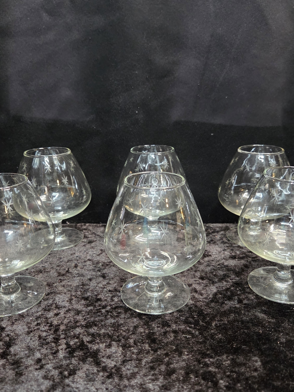 Set of 6 Vintage Mid Century Star-Etched Crystal Brandy Whiskey Snifter Glasses